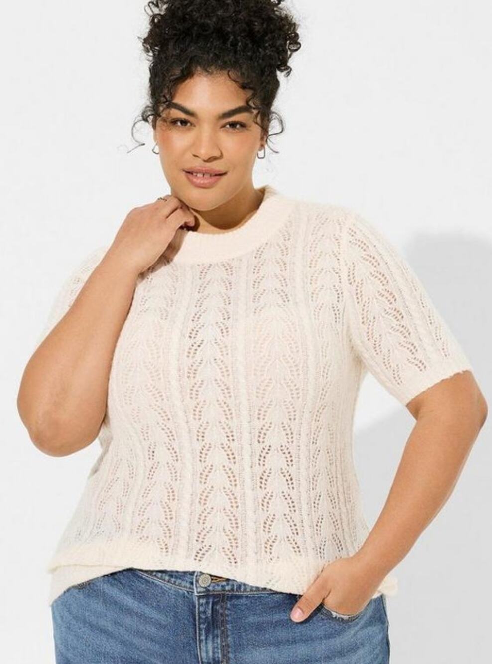 [Torrid] Cream Pointelle Open Knit Crew Neck Short Sleeve Pullover Sweater Sz 0X